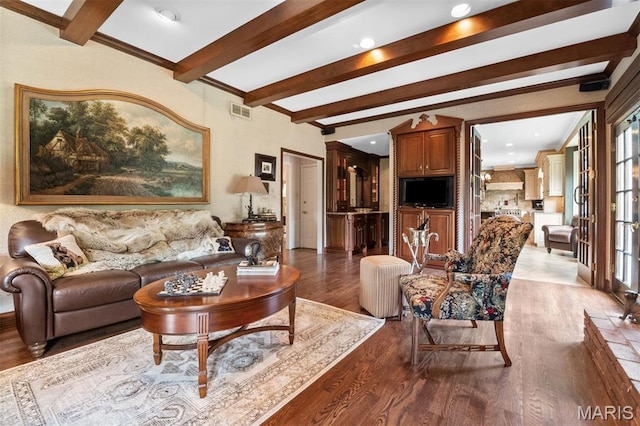 21 Log Cabin Dr, Saint Louis, MO 63124 - living room featuring beamed ceiling, wood finished floors, recessed lighting, and crown molding