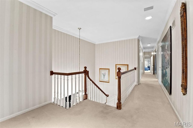21 Log Cabin Dr, Saint Louis, MO 63124 - hallway featuring an upstairs landing, crown molding, carpet, wallpapered walls, and baseboards