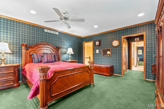 21 Log Cabin Dr, Saint Louis, MO 63124 - carpeted bedroom with crown molding, recessed lighting, and a ceiling fan