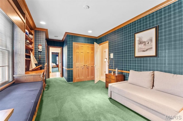 21 Log Cabin Dr, Saint Louis, MO 63124 - living room featuring ornamental molding, carpet flooring, and wallpapered walls