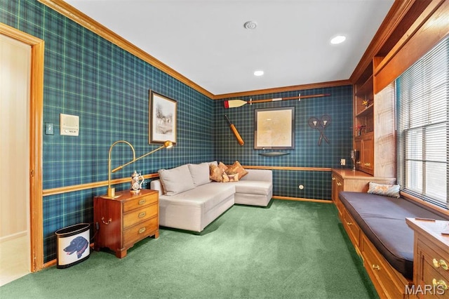 21 Log Cabin Dr, Saint Louis, MO 63124 - carpeted living room featuring wallpapered walls and ornamental molding