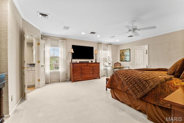 21 Log Cabin Dr, Saint Louis, MO 63124 - bedroom featuring ornamental molding, multiple windows, light carpet, recessed lighting, and a ceiling fan