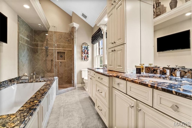 21 Log Cabin Dr, Saint Louis, MO 63124 - bathroom with a shower stall, toilet, vanity, a tub, and baseboards