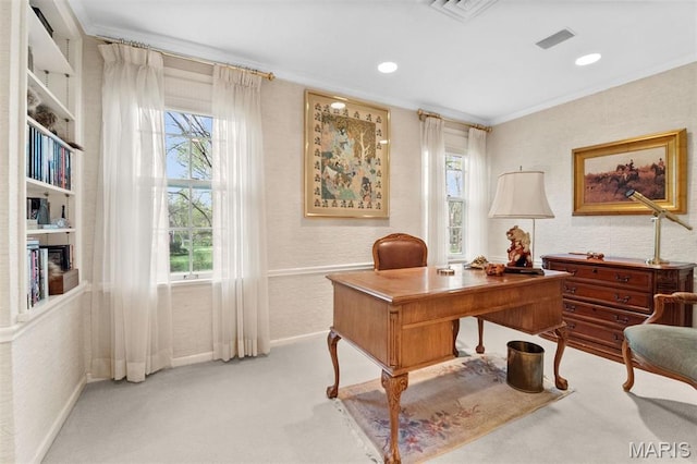 21 Log Cabin Dr, Saint Louis, MO 63124 - office space featuring ornamental molding, light carpet, healthy amount of natural light, baseboards, and a textured wall