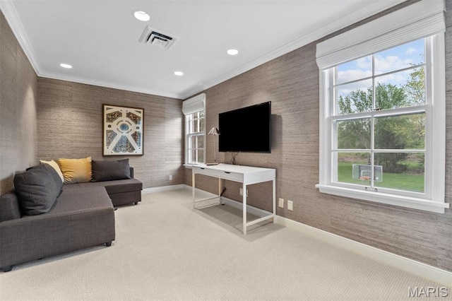 21 Log Cabin Dr, Saint Louis, MO 63124 - carpeted living room featuring crown molding, baseboards, recessed lighting, and wallpapered walls