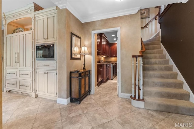 21 Log Cabin Dr, Saint Louis, MO 63124 - stairs with ornamental molding, baseboards, and tile patterned flooring