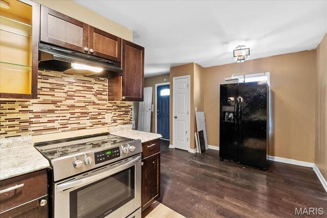 4321 E Fairfax Ct, Saint Louis, MO 63113 - kitchen featuring black fridge with ice dispenser, under cabinet range hood, stainless steel range with electric cooktop, dark wood finished floors, and tasteful backsplash