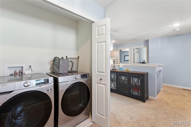 104 Tiber Way, Saint Charles, MO 63301 - laundry room featuring washing machine and clothes dryer, carpet flooring, attic access, and baseboards