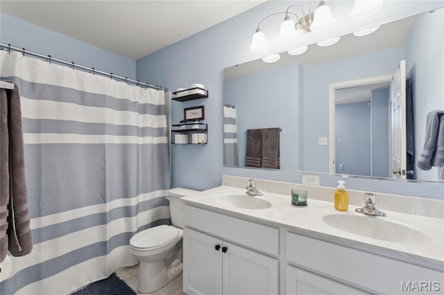 104 Tiber Way, Saint Charles, MO 63301 - full bathroom featuring double vanity, toilet, tile patterned flooring, a shower with curtain, and a chandelier