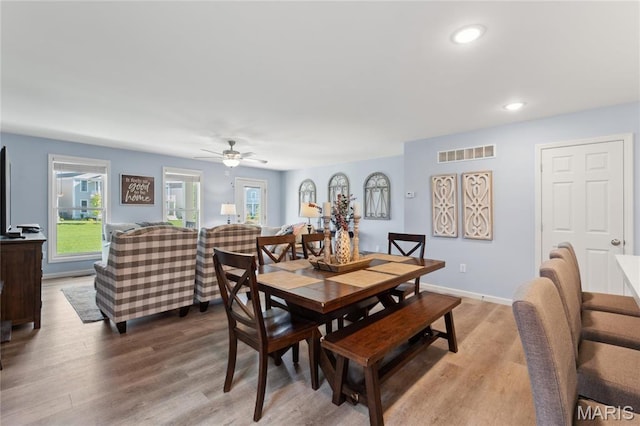 104 Tiber Way, Saint Charles, MO 63301 - dining area with light wood-style flooring, ceiling fan, recessed lighting, and baseboards