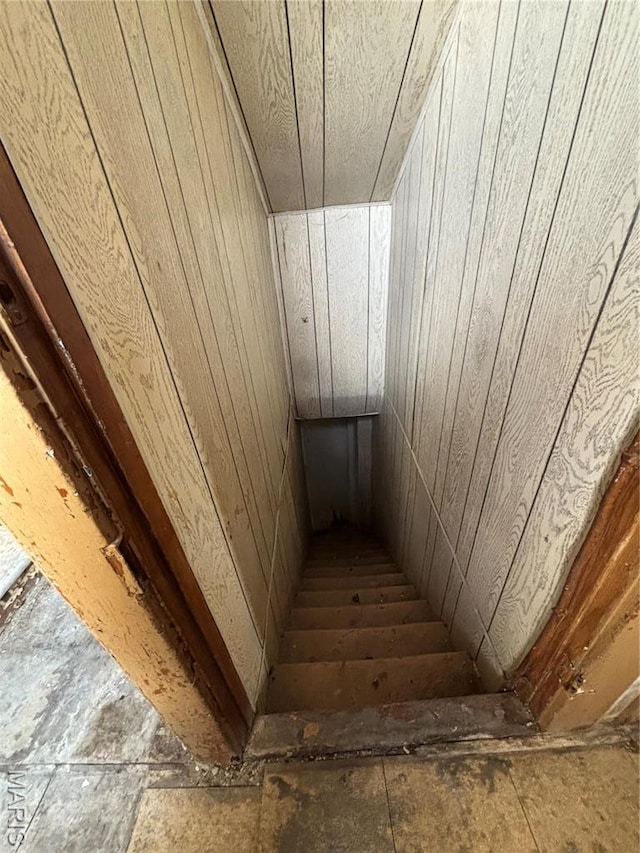 stairway with wooden walls