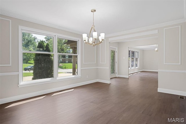 362 Hibler Ct, Saint Louis, MO 63141 - empty room featuring a chandelier, baseboards, dark wood finished floors, and ornamental molding