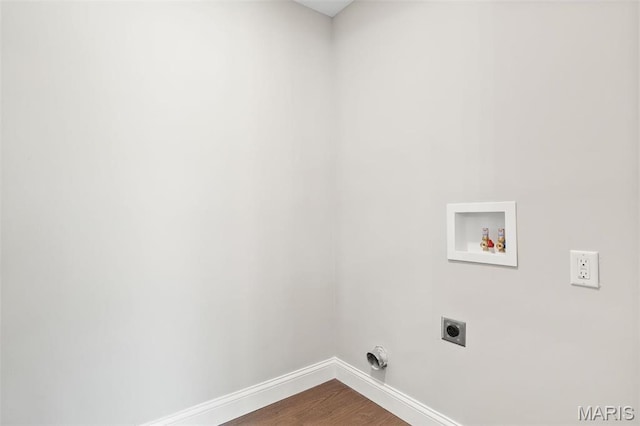 362 Hibler Ct, Saint Louis, MO 63141 - laundry room with hookup for an electric dryer, baseboards, washer hookup, and dark wood-style floors
