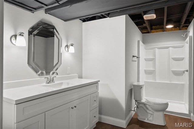 362 Hibler Ct, Saint Louis, MO 63141 - bathroom featuring toilet, wood finished floors, a shower, vanity, and baseboards