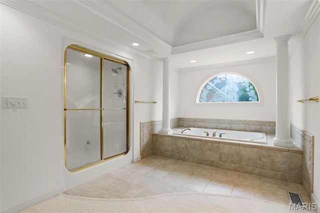 bathroom with ornate columns, crown molding, a stall shower, a bath, and tile patterned floors