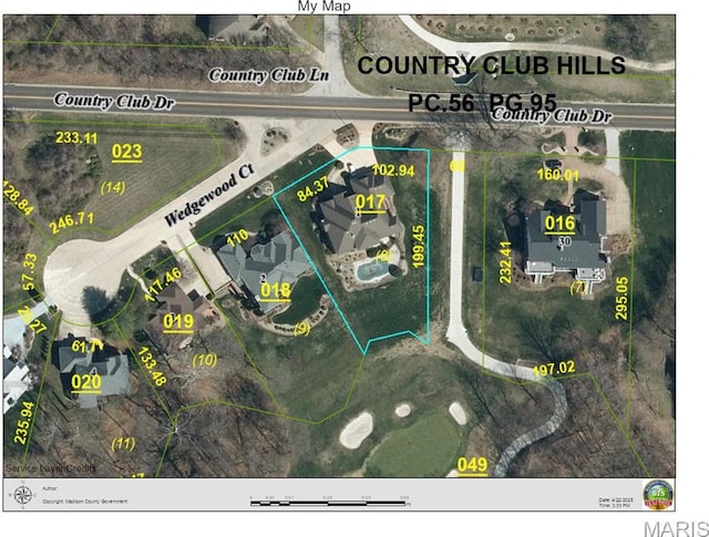 aerial overview of property's location with property parcel outlined