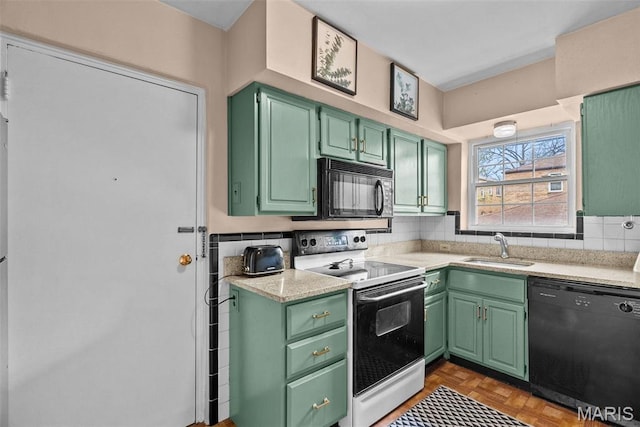 5872 Sunshine Dr Unit 110, Saint Louis, MO 63109 - kitchen with black appliances, a sink, light countertops, and tasteful backsplash