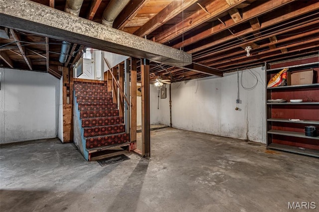 8907 Spur Ln, Saint Louis, MO 63121 - unfinished basement with stairway and electric panel