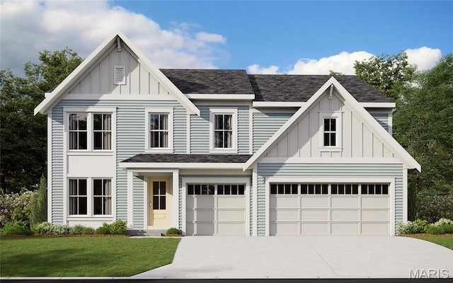 view of front of property with board and batten siding, driveway, a front lawn, an attached garage, and a shingled roof