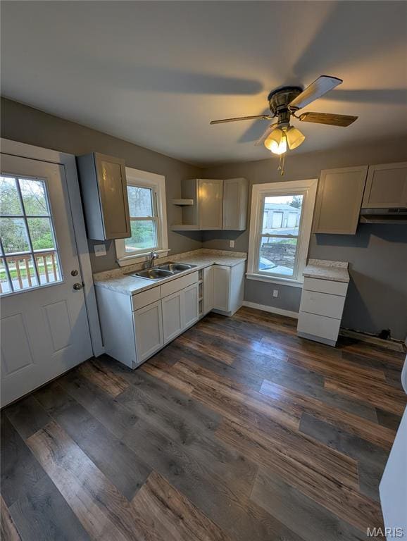 kitchen with a sink, plenty of natural light, light countertops, and a ceiling fan