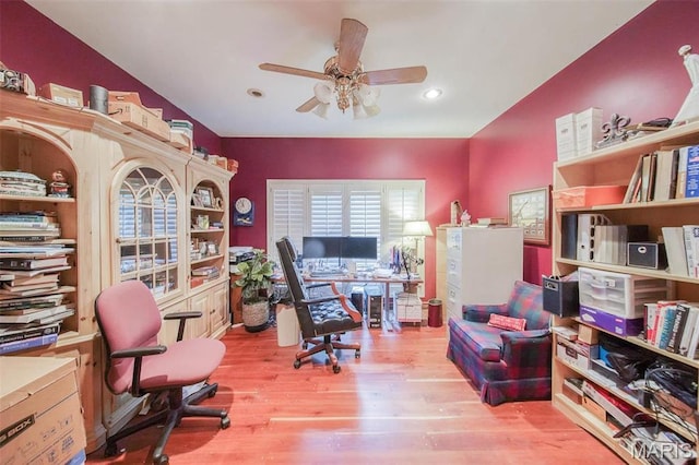 home office featuring ceiling fan, wood finished floors, and recessed lighting