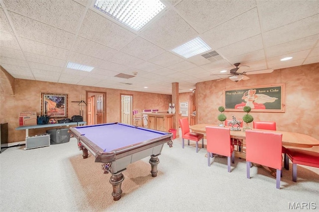 rec room with carpet floors, billiards table, a paneled ceiling, and a ceiling fan