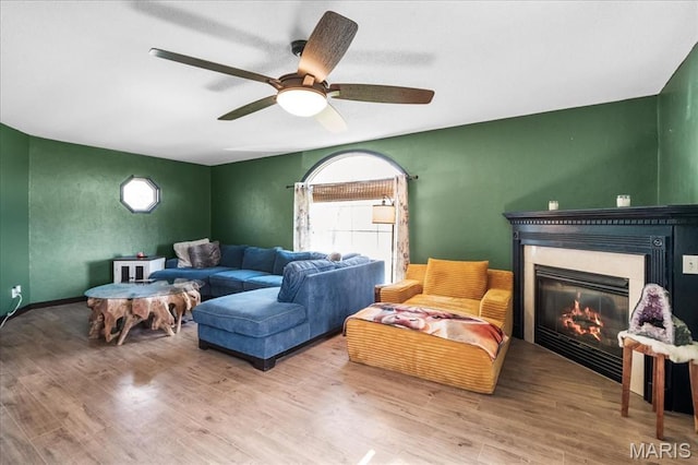 6639 Gladel Dr, Waterloo, IL 62298 - living room with a glass covered fireplace, wood finished floors, and a ceiling fan