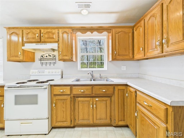 710 W Jefferson Ave, Conway, MO 65632 - kitchen with white electric range, under cabinet range hood, a sink, light countertops, and brown cabinets