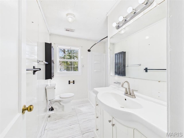 710 W Jefferson Ave, Conway, MO 65632 - bathroom featuring toilet, marble look tiles, a shower, vanity, and baseboards