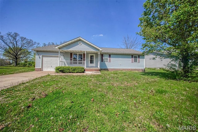 ranch-style house featuring covered porch, concrete driveway, an attached garage, and a front yard