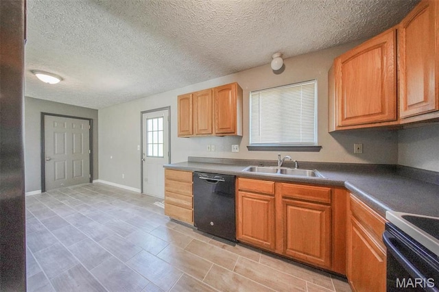 kitchen with black dishwasher, a sink, electric stove, light tile patterned flooring, and a textured ceiling