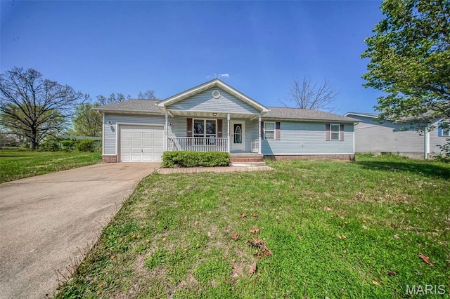 ranch-style house featuring covered porch, a garage, concrete driveway, and a front yard