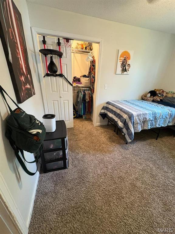 10817 Cabin Ln, Dexter, MO 63841 - carpeted bedroom with a spacious closet, a textured ceiling, and a closet
