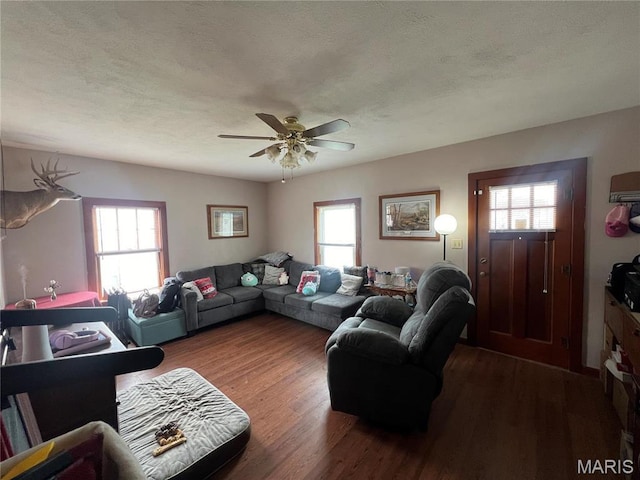 1714 Price St, Hannibal, MO 63401 - living room with healthy amount of natural light, wood finished floors, a ceiling fan, and a textured ceiling