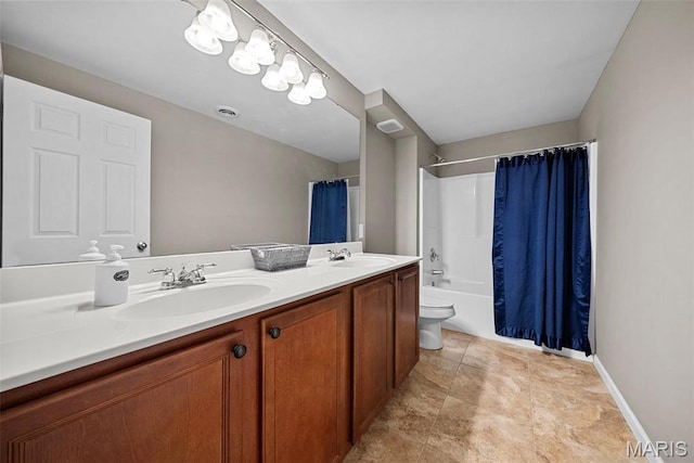 515 Country Chase Dr, Lake St Louis, MO 63367 - full bath with double vanity, shower / bathtub combination with curtain, toilet, and baseboards