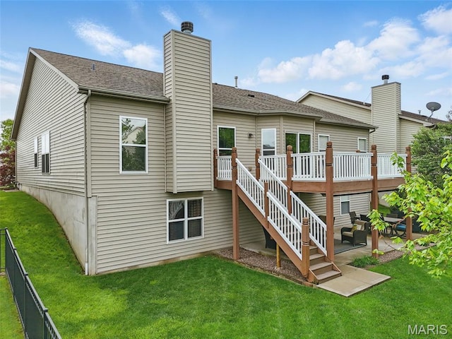 515 Country Chase Dr, Lake St Louis, MO 63367 - rear view of property featuring a patio area, a deck, a chimney, stairs, and roof with shingles