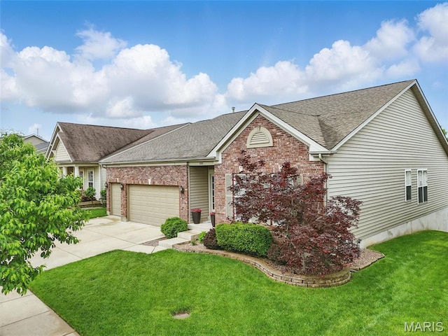 515 Country Chase Dr, Lake St Louis, MO 63367 - view of front of home with a shingled roof, an attached garage, a front lawn, brick siding, and driveway