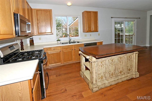 kitchen with appliances with stainless steel finishes, a sink, light wood-style floors, and a kitchen island