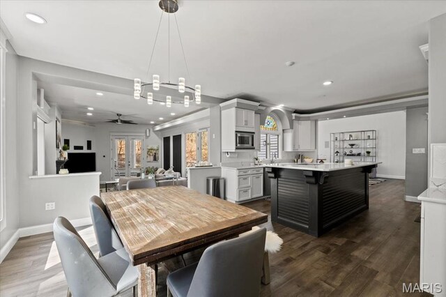 1909 Shepard Rd, Wildwood, MO 63038 - dining room featuring recessed lighting, a ceiling fan, dark wood-style flooring, and baseboards