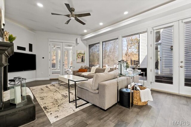 1909 Shepard Rd, Wildwood, MO 63038 - living room with ceiling fan, dark wood finished floors, french doors, recessed lighting, and baseboards