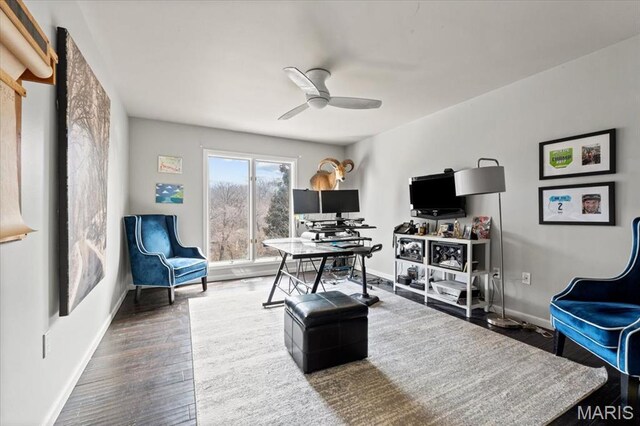 1909 Shepard Rd, Wildwood, MO 63038 - office area featuring a ceiling fan, baseboards, and wood finished floors