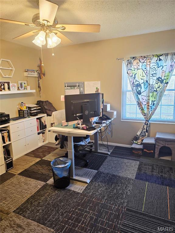 10340 Corbeil Dr, Saint Louis, MO 63146 - carpeted office featuring ceiling fan and a textured ceiling