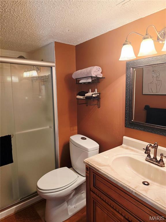 10340 Corbeil Dr, Saint Louis, MO 63146 - full bath with a textured ceiling, toilet, vanity, and a shower stall