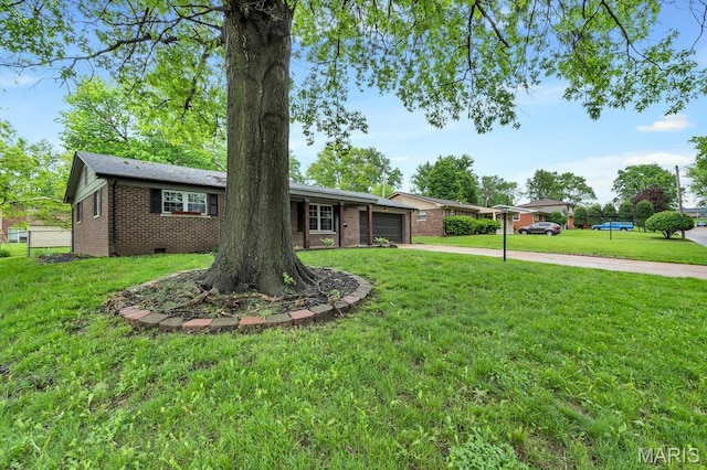 133 Winthrop Dr, Belleville, IL 62221 - ranch-style house featuring driveway, an attached garage, brick siding, a front yard, and crawl space