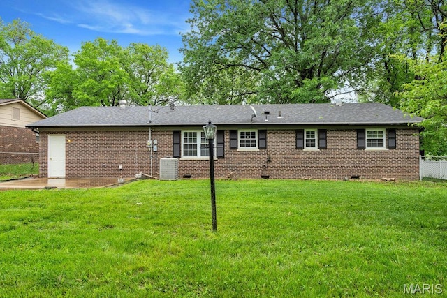 133 Winthrop Dr, Belleville, IL 62221 - back of property with crawl space, central air condition unit, brick siding, a patio, and roof with shingles