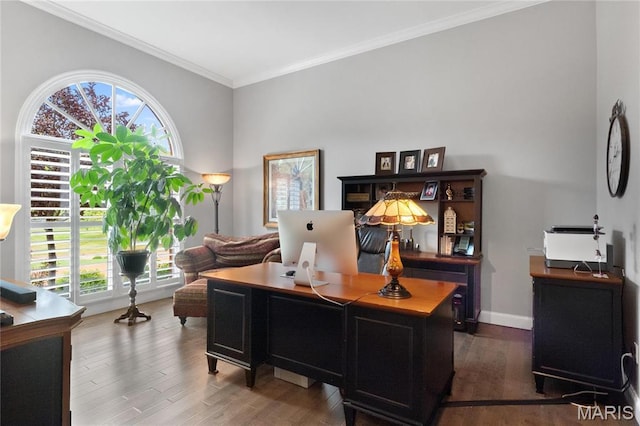 13552 Weston Park Dr, Saint Louis, MO 63131 - office area featuring plenty of natural light, wood finished floors, ornamental molding, and baseboards