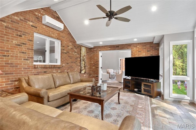 13552 Weston Park Dr, Saint Louis, MO 63131 - living room with a wall mounted AC, brick wall, ceiling fan, beam ceiling, and recessed lighting