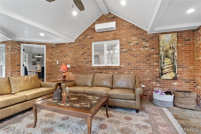 13552 Weston Park Dr, Saint Louis, MO 63131 - living room featuring brick wall, ceiling fan, and a wall mounted AC