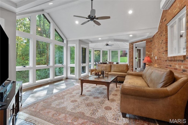 13552 Weston Park Dr, Saint Louis, MO 63131 - living area with ceiling fan, brick wall, and a wall mounted AC