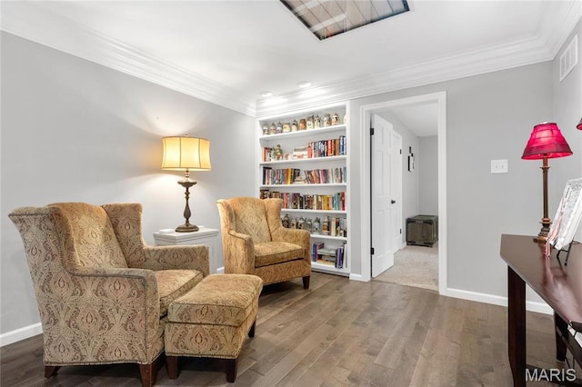 13552 Weston Park Dr, Saint Louis, MO 63131 - sitting room with built in features, ornamental molding, wood finished floors, and baseboards